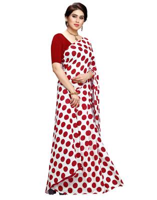 White printed faux georgette saree with blouse 4