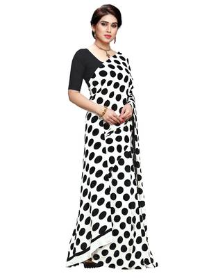 White printed faux georgette saree with blouse 4