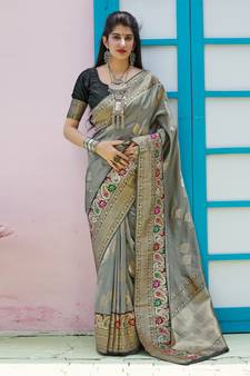 Grey woven banarasi silk saree with blouse