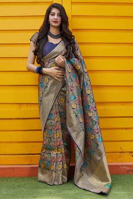 Navy blue woven banarasi silk saree with blouse 1