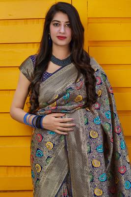 Navy blue woven banarasi silk saree with blouse 2