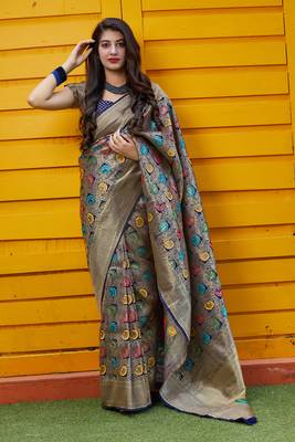 Navy blue woven banarasi silk saree with blouse 3