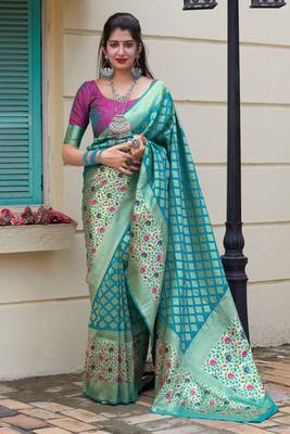 Sky blue woven banarasi silk saree with blouse 1