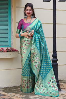 Sky blue woven banarasi silk saree with blouse 2