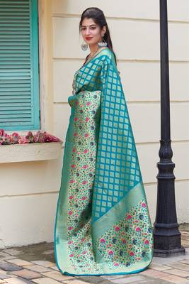 Sky blue woven banarasi silk saree with blouse 3