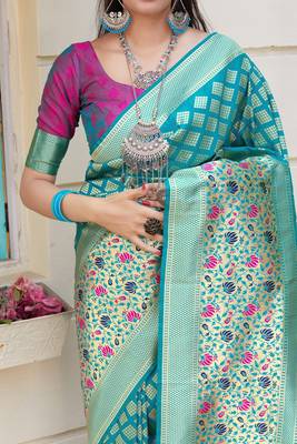 Sky blue woven banarasi silk saree with blouse 4