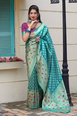 Sky blue woven banarasi silk saree with blouse 5