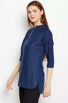 Navy-blue printed denim tunics