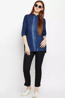 Navy-blue printed denim tunics