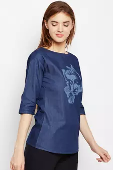 Navy-blue printed denim tunics