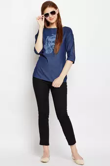 Navy-blue printed denim tunics