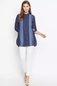 Navy-blue printed denim tunics