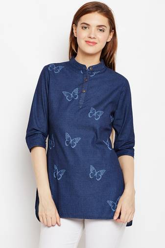 Navy-blue printed denim tunics