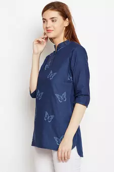 Navy-blue printed denim tunics