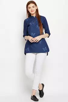 Navy-blue printed denim tunics