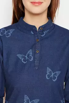 Navy-blue printed denim tunics