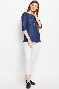 Navy-blue printed denim tunics