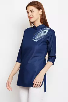 Navy-blue embroidered denim tunics