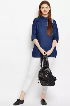 Navy-blue embroidered denim tunics