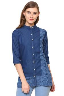 Navy-blue printed denim tunics