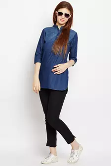 Navy-blue printed denim tunics