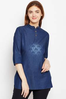 Navy-blue printed denim tunics