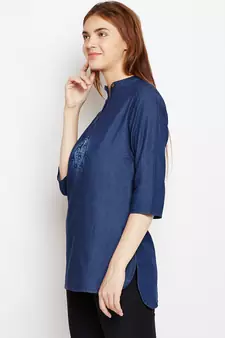 Navy-blue printed denim tunics