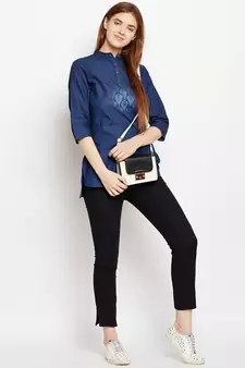 Navy-blue printed denim tunics