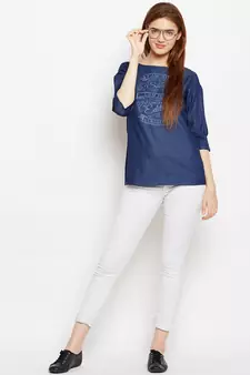Navy-blue printed denim tunics