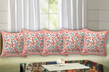 TEXSTYLERS 100% Cotton Jaipuri Hand Block Print Canvas Cushion Cover(Pack of 5) 1