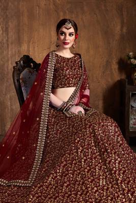 Maroon embroidered  art silk semi stitched lehenga 1