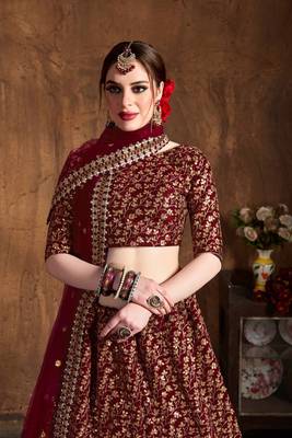 Maroon embroidered  art silk semi stitched lehenga 3