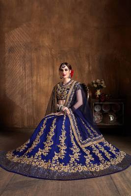 Navy-blue embroidered  art silk semi stitched lehenga 4