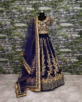 Navy-blue embroidered art silk semi stitched lehenga 1