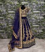 Navy-blue embroidered art silk semi stitched lehenga