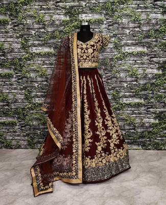 Maroon embroidered art silk semi stitched lehenga 1