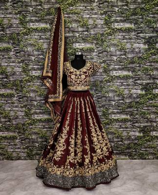 Maroon embroidered art silk semi stitched lehenga 2