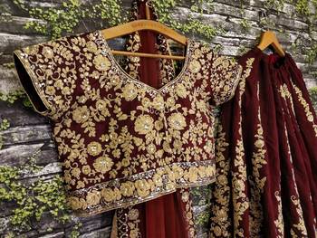 Maroon embroidered art silk semi stitched lehenga 4