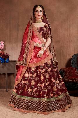 Maroon embroidered silk semi stitched lehenga 1