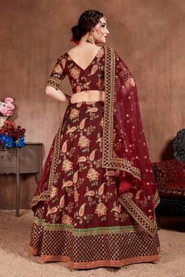 Maroon embroidered silk semi stitched lehenga 2