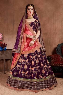Dark-purple embroidered silk semi stitched lehenga 1