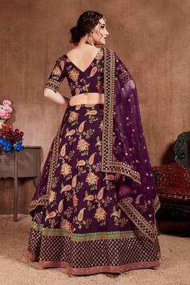 Dark-purple embroidered silk semi stitched lehenga 2
