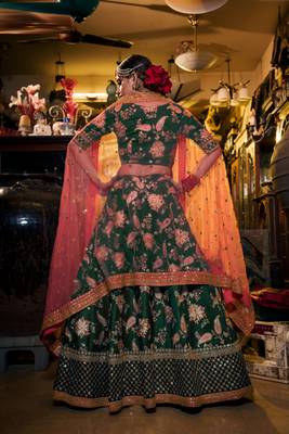 Dark-green embroidered silk semi stitched lehenga 2