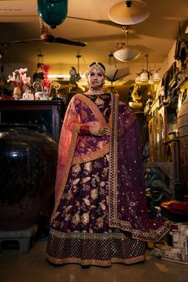 Dark-purple embroidered silk semi stitched lehenga 1