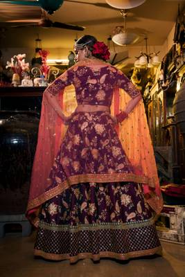 Dark-purple embroidered silk semi stitched lehenga 2