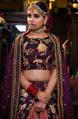 Dark-purple embroidered silk semi stitched lehenga 3