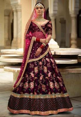 Dark-purple embroidered  silk semi stitched lehenga 1