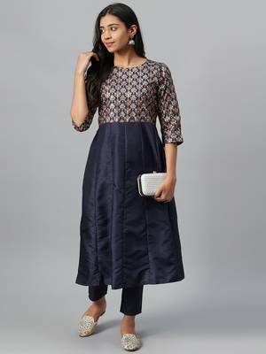 Navy-blue printed art silk kurtas-and-kurtis 5