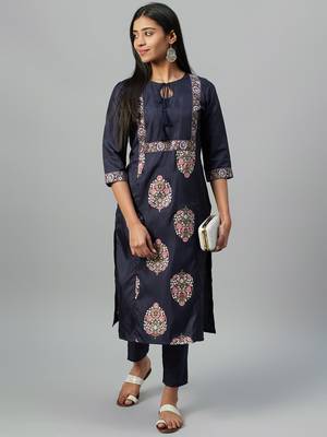 Navy-blue printed art silk kurtas-and-kurtis 5
