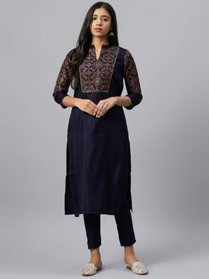 Navy-blue printed art silk kurtas-and-kurtis 1